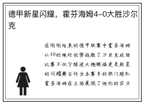 德甲新星闪耀，霍芬海姆4-0大胜沙尔克