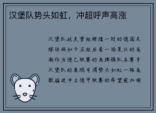 汉堡队势头如虹，冲超呼声高涨